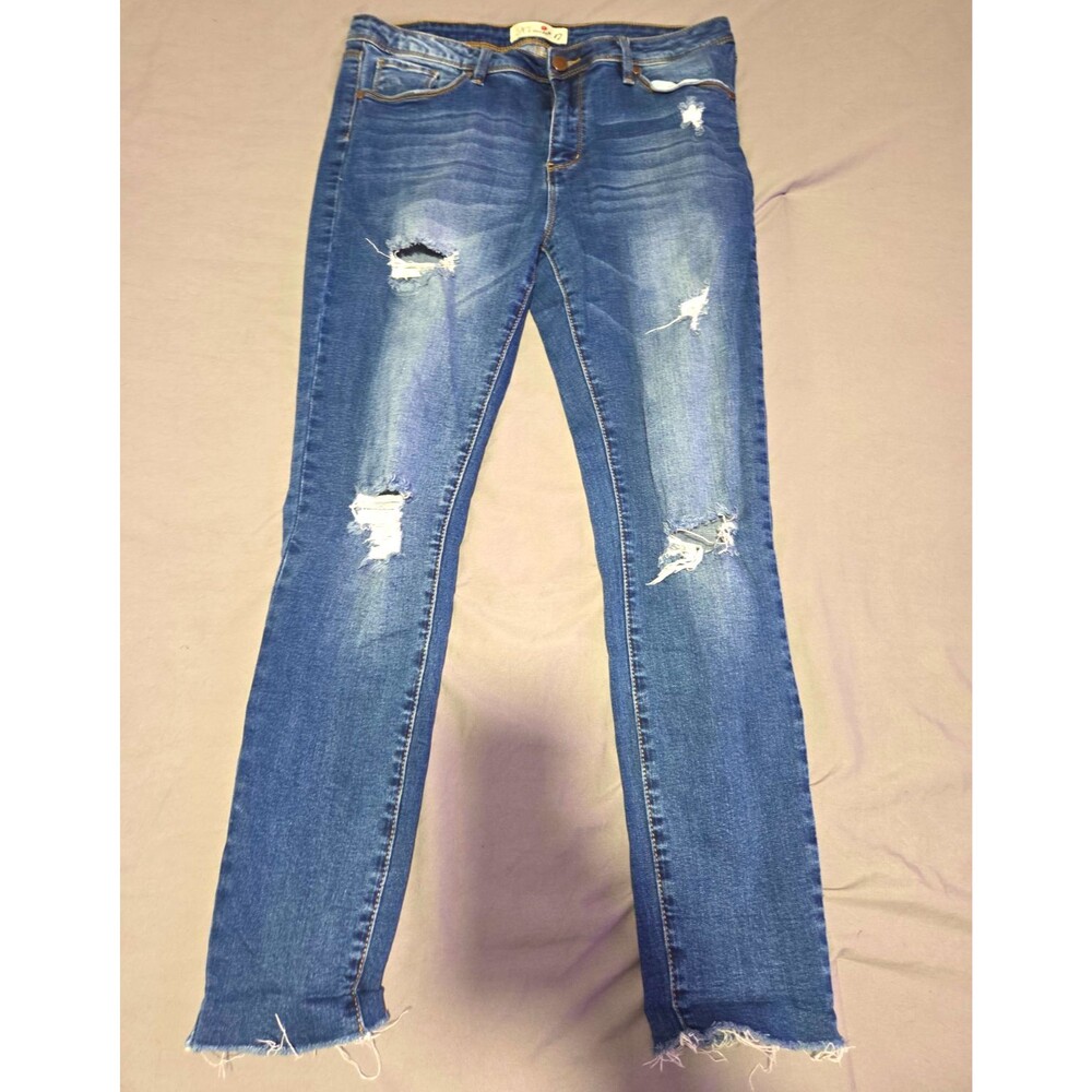K's More Womens Distressed Skinny Jeans Size 17 Dark Wash Raw Hem Denim W34 L27